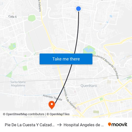 Pie De La Cuesta Y Calzada De Belen to Hospital Angeles de Querétaro map