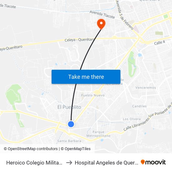 Heroico Colegio Militar, 86b to Hospital Angeles de Querétaro map