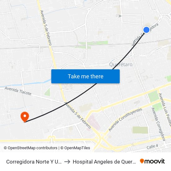 Corregidora Norte Y Union to Hospital Angeles de Querétaro map