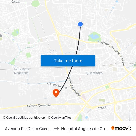 Avenida Pie De La Cuesta, 886 to Hospital Angeles de Querétaro map