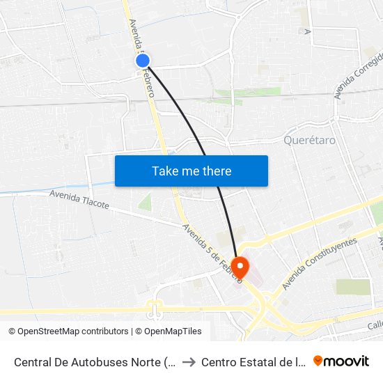 Central De Autobuses Norte (5 De Febrero Y Epigmenio González) to Centro Estatal de la Transfusión Sanguínea map