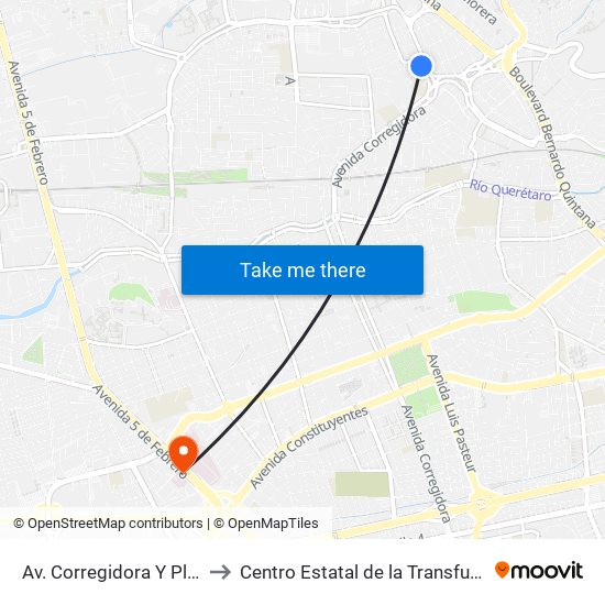 Av. Corregidora Y Plaza Dorada to Centro Estatal de la Transfusión Sanguínea map