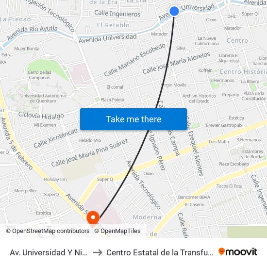 Av. Universidad Y Nicolas Bravo to Centro Estatal de la Transfusión Sanguínea map