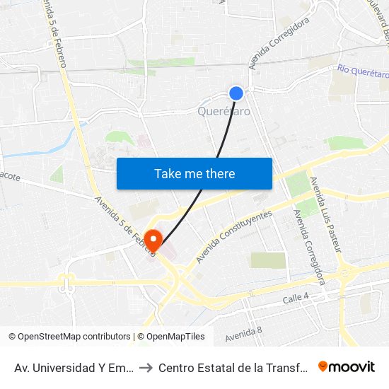 Av. Universidad Y Emilio Carranza to Centro Estatal de la Transfusión Sanguínea map