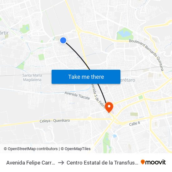 Avenida Felipe Carrillo Puerto to Centro Estatal de la Transfusión Sanguínea map