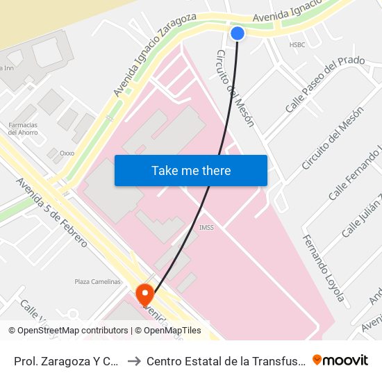 Prol. Zaragoza Y Churubusco to Centro Estatal de la Transfusión Sanguínea map