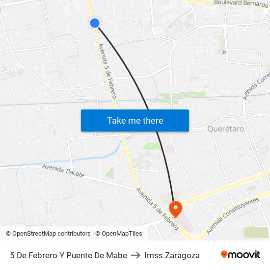 5 De Febrero Y Puente De Mabe to Imss Zaragoza map