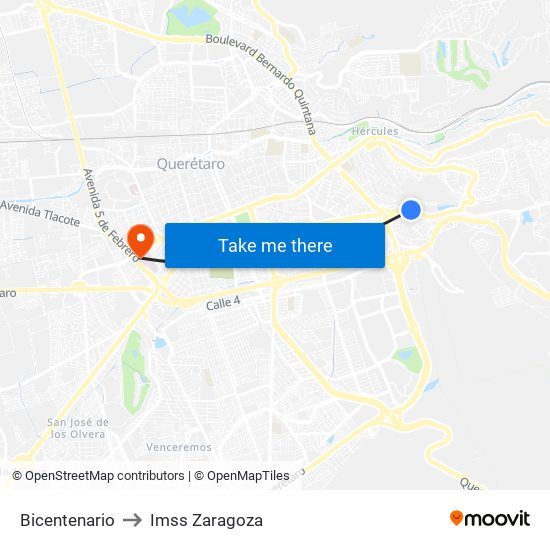 Bicentenario to Imss Zaragoza map