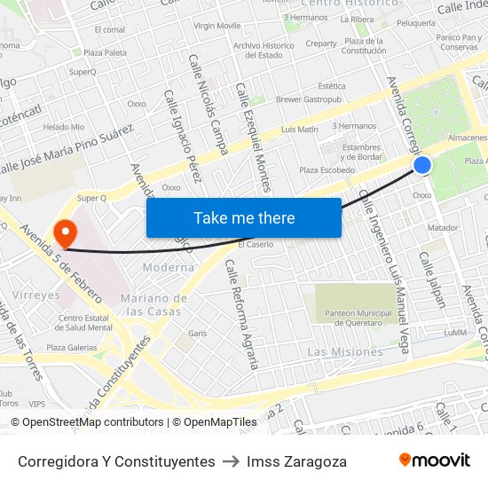 Corregidora Y Constituyentes to Imss Zaragoza map