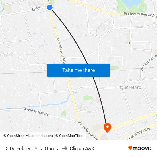 5 De Febrero Y La Obrera to Clinica A&K map