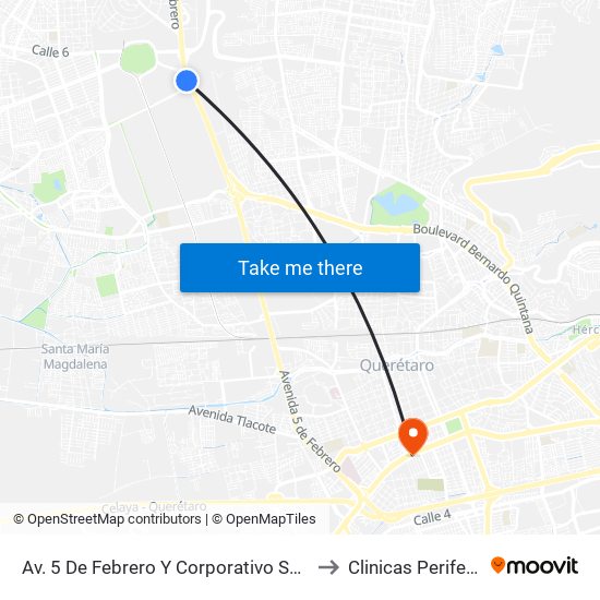 Av. 5 De Febrero Y Corporativo Santander to Clinicas Perifericas map