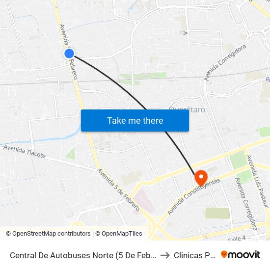 Central De Autobuses Norte (5 De Febrero Y Epigmenio González) to Clinicas Perifericas map