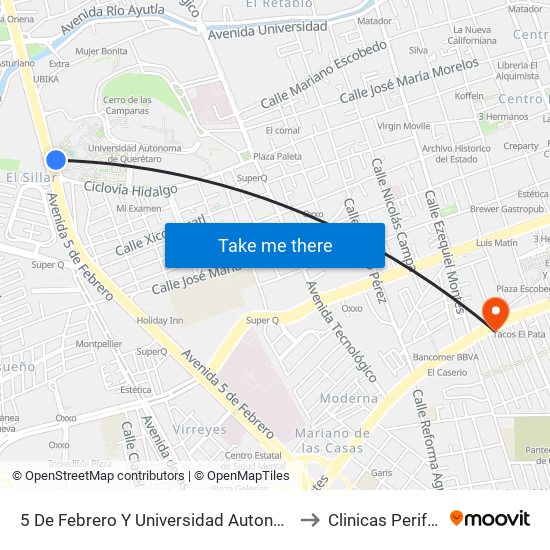 5 De Febrero Y Universidad Autonoma De Qro. to Clinicas Perifericas map