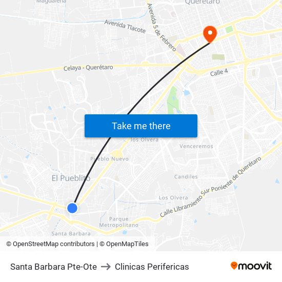 Santa Barbara Pte-Ote to Clinicas Perifericas map