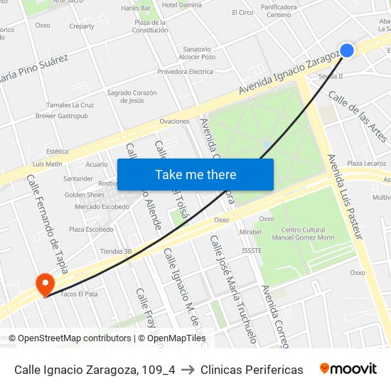 Calle Ignacio Zaragoza, 109_4 to Clinicas Perifericas map