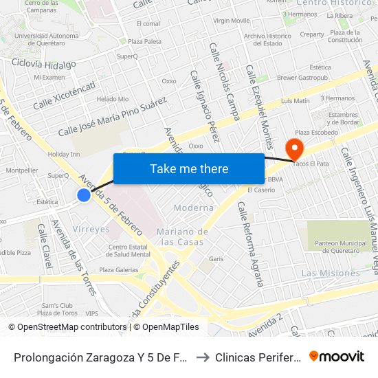 Prolongación Zaragoza Y 5 De Febrero to Clinicas Perifericas map