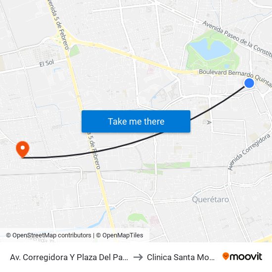Av. Corregidora Y Plaza Del Parque to Clinica Santa Monica map