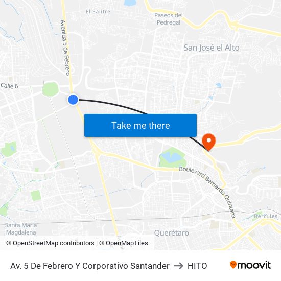 Av. 5 De Febrero Y Corporativo Santander to HITO map