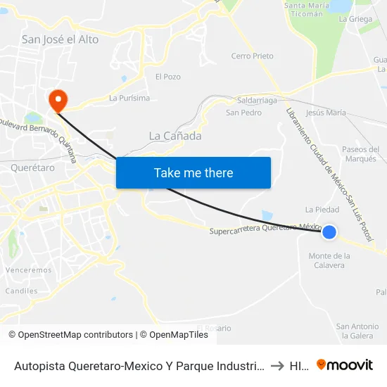 Autopista Queretaro-Mexico Y Parque Industrial El Marques to HITO map