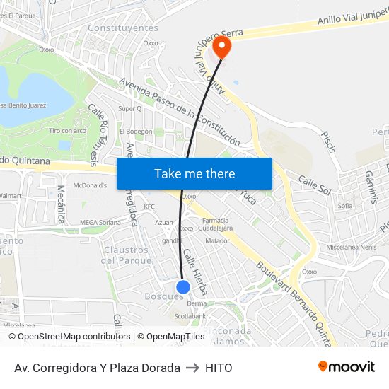 Av. Corregidora Y Plaza Dorada to HITO map