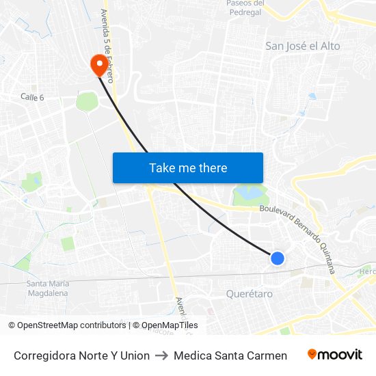 Corregidora Norte Y Union to Medica Santa Carmen map