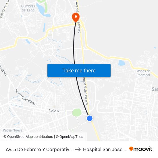 Av. 5 De Febrero Y Corporativo Santander to Hospital San Jose Moscati map