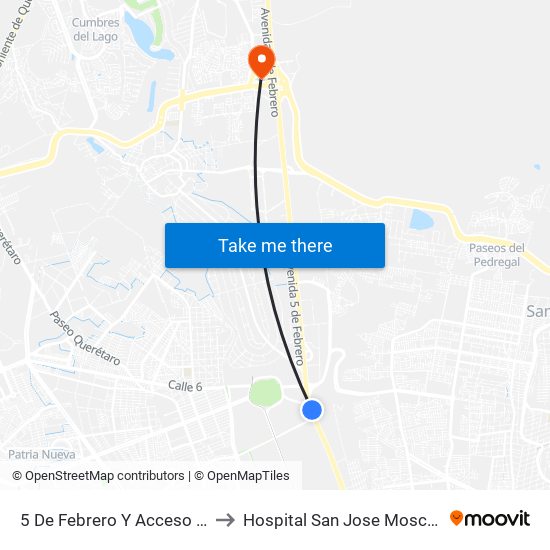 5 De Febrero Y Acceso IV to Hospital San Jose Moscati map