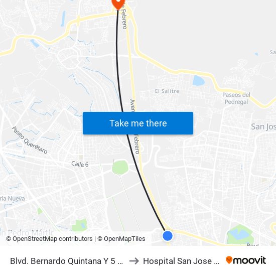 Blvd. Bernardo Quintana Y 5 De Febrero to Hospital San Jose Moscati map