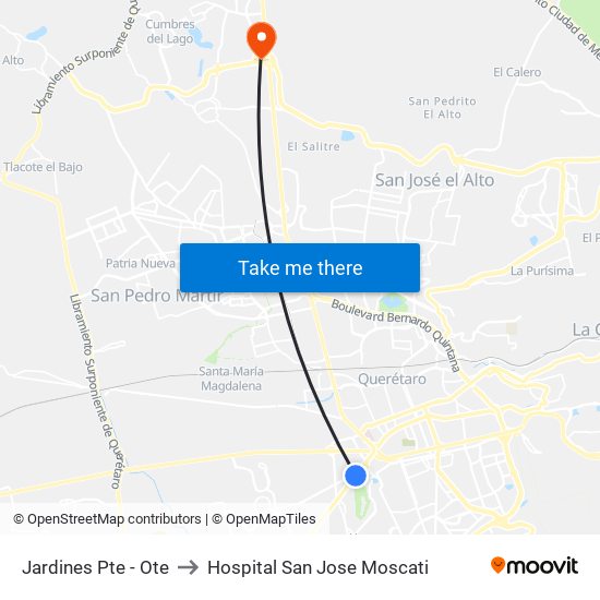 Jardines Pte - Ote to Hospital San Jose Moscati map