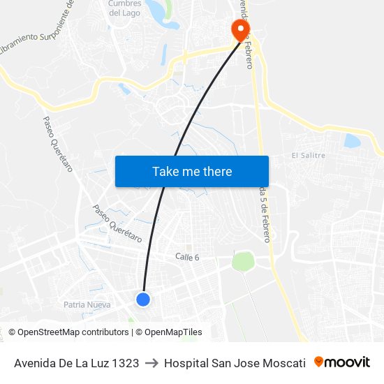 Avenida De La Luz 1323 to Hospital San Jose Moscati map