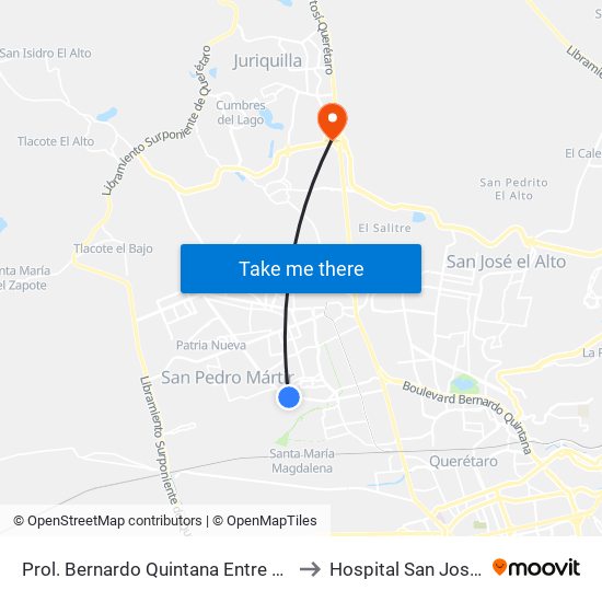 Prol. Bernardo Quintana Entre Pinos Y Berenice to Hospital San Jose Moscati map