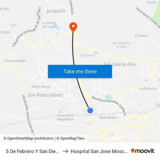 5 De Febrero Y San Diego to Hospital San Jose Moscati map