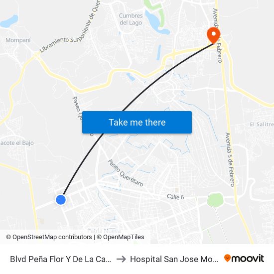 Blvd Peña Flor Y De La Cantera to Hospital San Jose Moscati map
