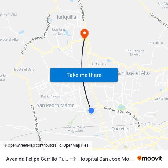 Avenida Felipe Carrillo Puerto to Hospital San Jose Moscati map