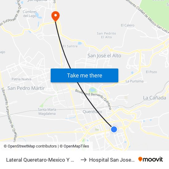 Lateral Queretaro-Mexico Y Mega Estadio to Hospital San Jose Moscati map