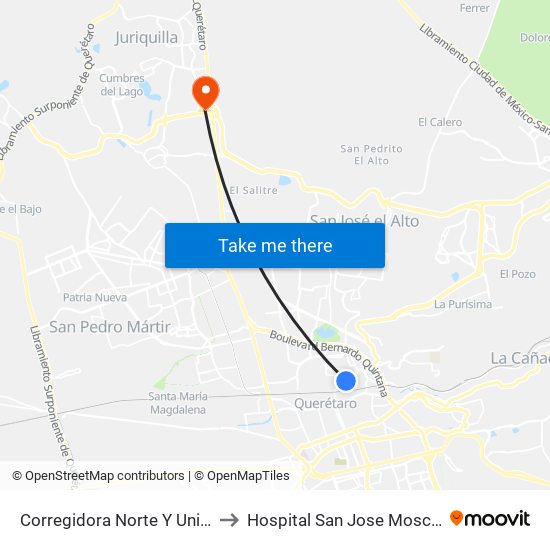 Corregidora Norte Y Union to Hospital San Jose Moscati map