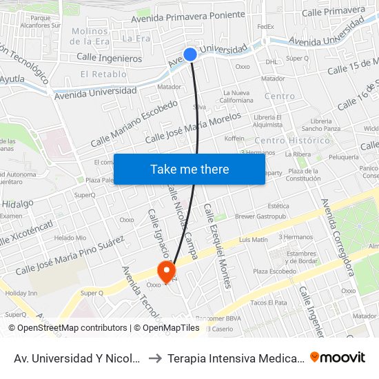 Av. Universidad Y Nicolas Bravo to Terapia Intensiva Medica Tec 100 map