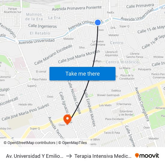 Av. Universidad Y Emilio Carranza to Terapia Intensiva Medica Tec 100 map