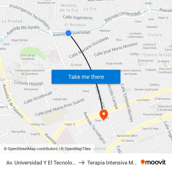 Av. Universidad Y El Tecnologico De Queretaro to Terapia Intensiva Medica Tec 100 map