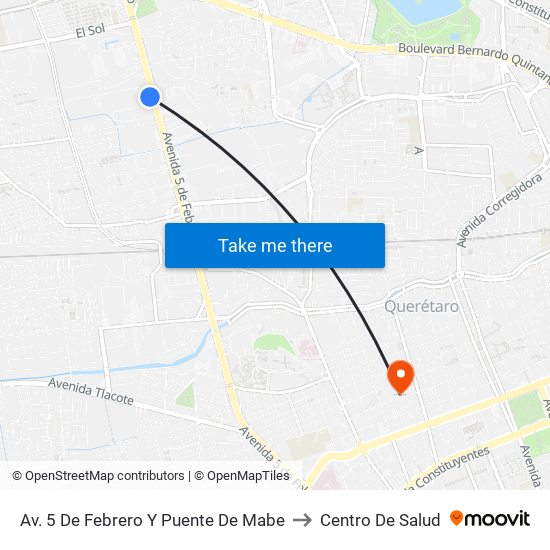 Av. 5 De Febrero Y Puente De Mabe to Centro De Salud map