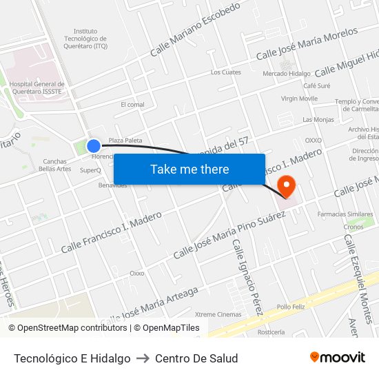 Tecnológico E Hidalgo to Centro De Salud map