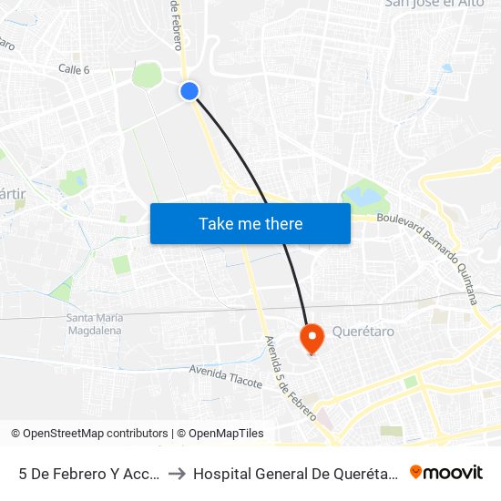 5 De Febrero Y Acceso IV to Hospital General De Querétaro Issste map
