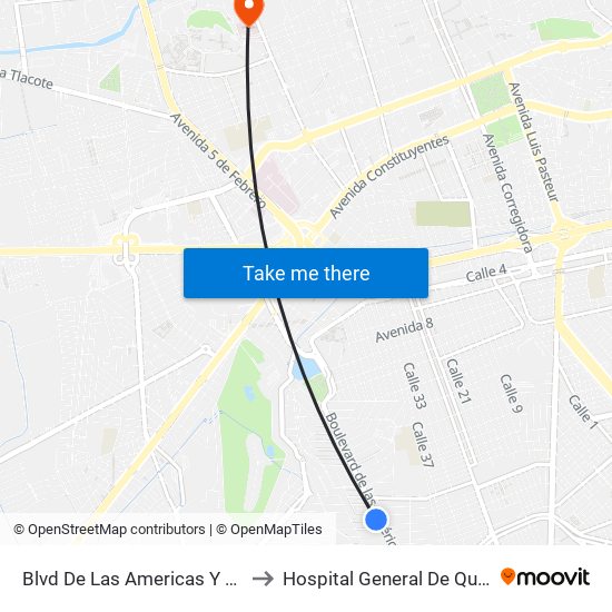 Blvd De Las Americas Y Enrique Bordes to Hospital General De Querétaro Issste map
