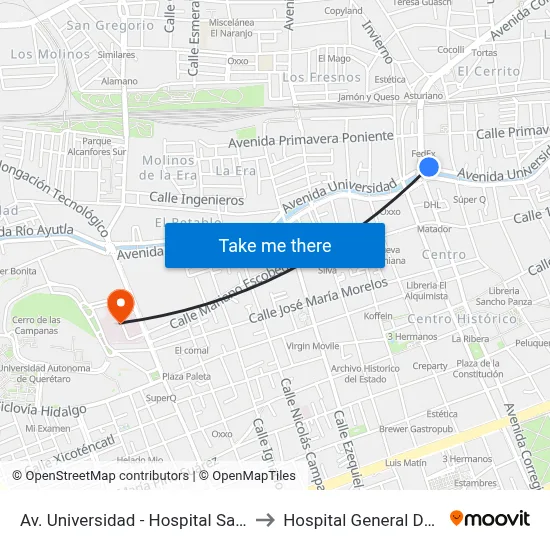 Av. Universidad - Hospital Sagrado Corazón De Jesús to Hospital General De Querétaro Issste map