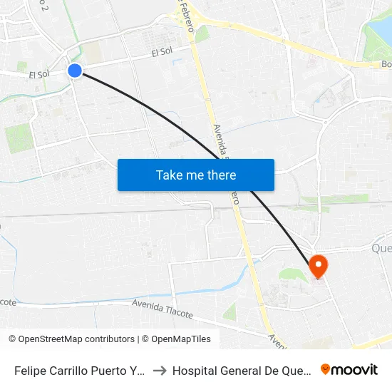 Felipe Carrillo Puerto Y Revolución to Hospital General De Querétaro Issste map