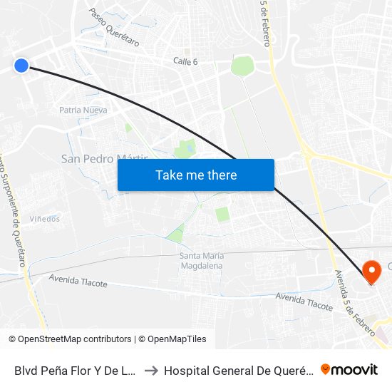Blvd Peña Flor Y De La Cantera to Hospital General De Querétaro Issste map