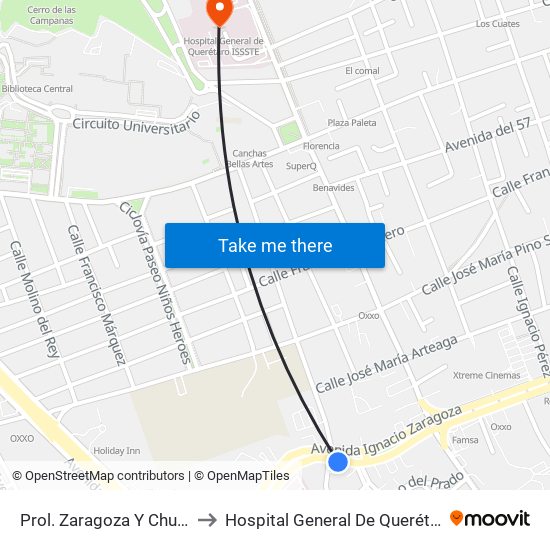 Prol. Zaragoza Y Churubusco to Hospital General De Querétaro Issste map
