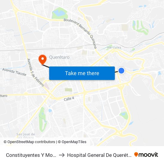 Constituyentes Y Monte Sinai to Hospital General De Querétaro Issste map