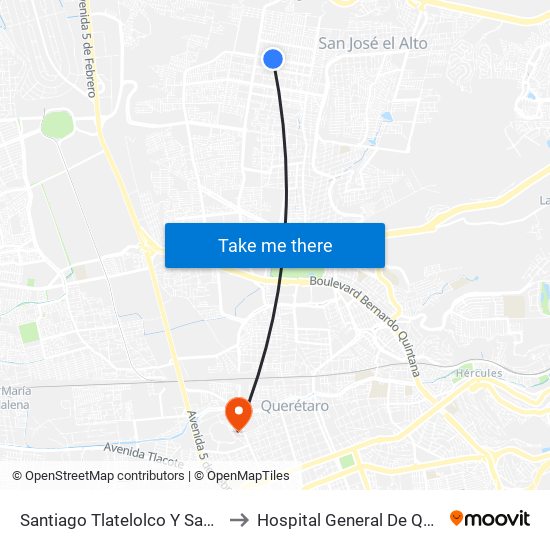 Santiago Tlatelolco Y Santiago Del Oeste to Hospital General De Querétaro Issste map