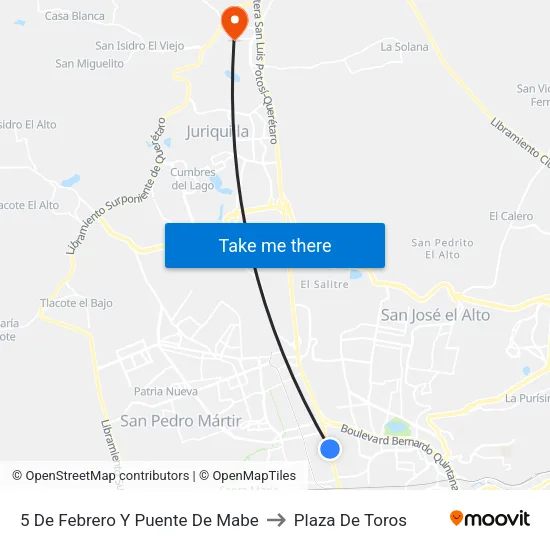 5 De Febrero Y Puente De Mabe to Plaza De Toros map